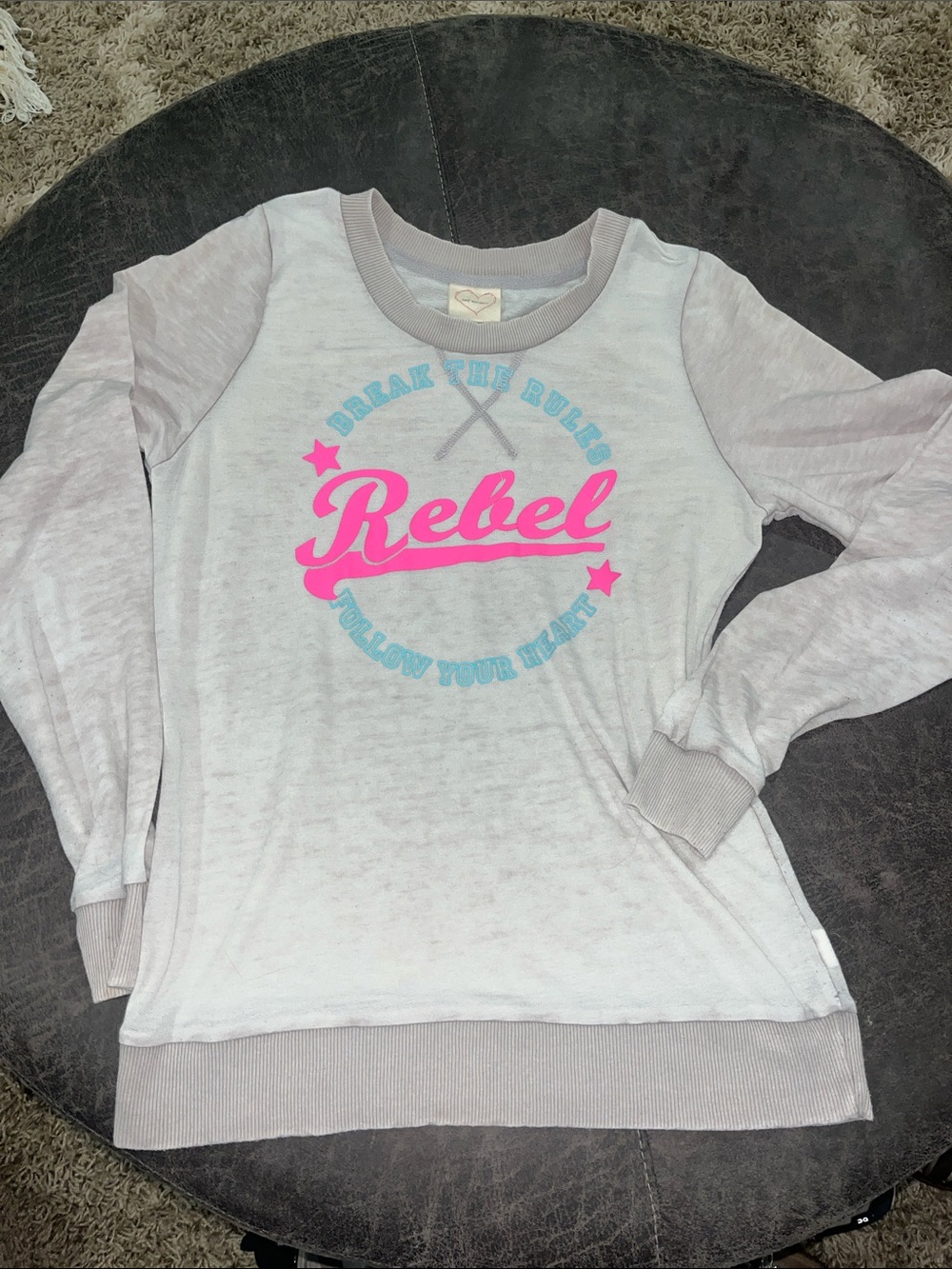 Self Esteem Light Gray Pullover with Bright Pink 'Rebel' Graphic